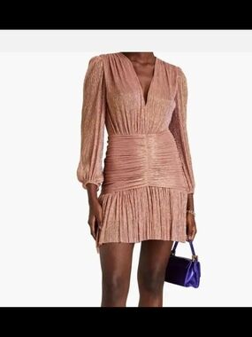 Maje Metallic Rose Gold V-Neck Long Sleeve Pleated Mini Dress